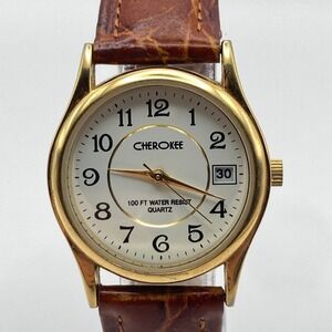 Vintage Cherokee Unisex Watch Easy Reader 32mm Gold Tone Date New Battery 8.5"